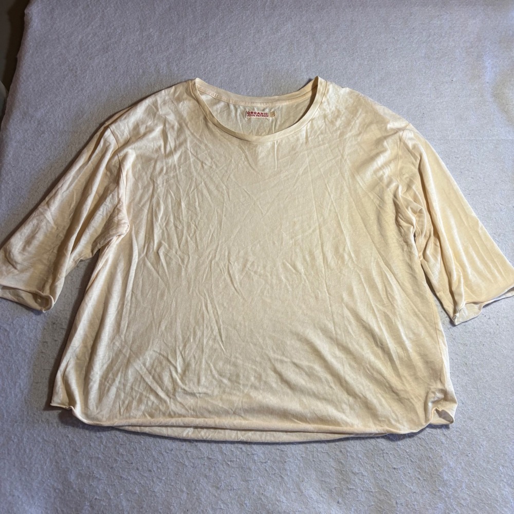 Organic John Patrick Women Large Yellow Cotton Boxy 3/4 Sleeve Tee Shirt Peru